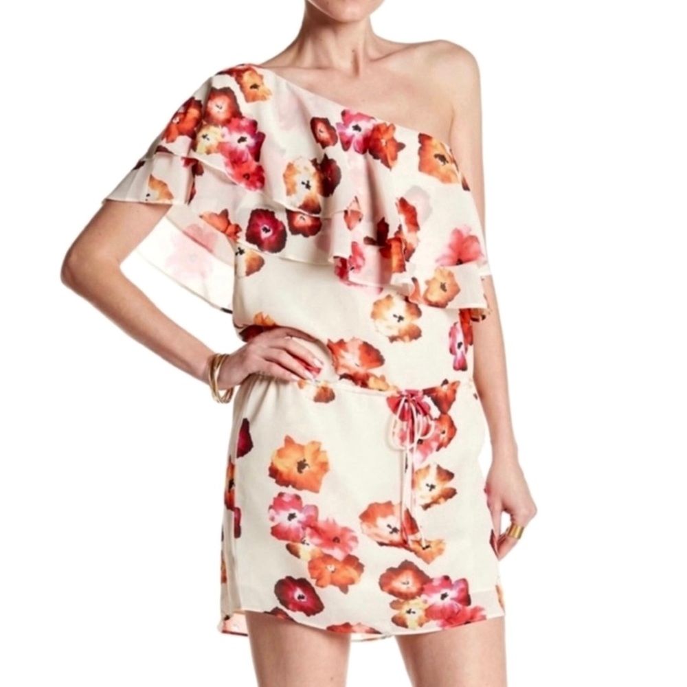 NEW HAUTE HIPPIE ONE-SHOULDER FLORAL PRINT MINI DRESS